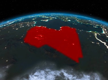 Uydu gece görünümü Libya red Planet Earth bulutlar ile vurgulanır. 3D çizim. Nasa tarafından döşenmiş bu görüntü unsurları.