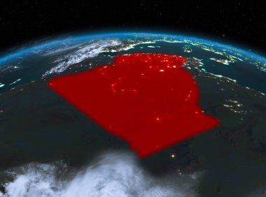 Kırmızı Planet Earth bulutlar ile Cezayir Uydu gece görünümü vurgulanır. 3D çizim. Nasa tarafından döşenmiş bu görüntü unsurları.