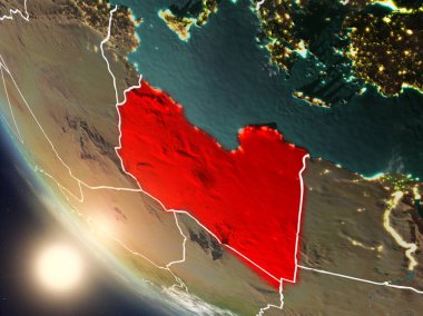 Dünya yörüngesi görünür ülke sınırları ile günbatımı sırasında görülen Libya Illustration. 3D çizim. Nasa tarafından döşenmiş bu görüntü unsurları.