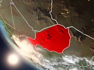 Dünya yörüngesi görünür ülke sınırları ile günbatımı sırasında görülen Nijer Illustration. 3D çizim. Nasa tarafından döşenmiş bu görüntü unsurları.