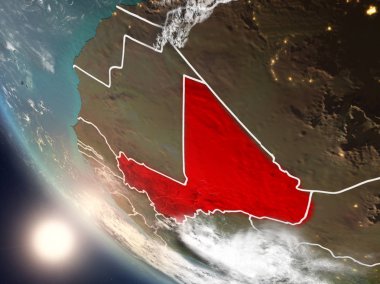 Dünya yörüngesi görünür ülke sınırları ile günbatımı sırasında görülen Mali Illustration. 3D çizim. Nasa tarafından döşenmiş bu görüntü unsurları.