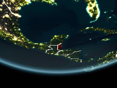 Belize görünür Kenarlıklar ve şehir ışıkları ile gece Planet Earth kırmızı vurgulanır. 3D çizim. Nasa tarafından döşenmiş bu görüntü unsurları.