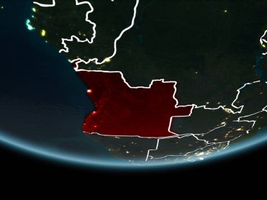 Angola görünür Kenarlıklar ve şehir ışıkları ile gece Planet Earth kırmızı vurgulanır. 3D çizim. Nasa tarafından döşenmiş bu görüntü unsurları.