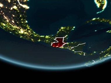 Guatemala görünür Kenarlıklar ve şehir ışıkları ile gece Planet Earth kırmızı vurgulanır. 3D çizim. Nasa tarafından döşenmiş bu görüntü unsurları.