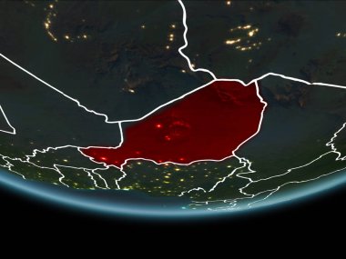 Nijer görünür Kenarlıklar ve şehir ışıkları ile gece Planet Earth kırmızı vurgulanır. 3D çizim. Nasa tarafından döşenmiş bu görüntü unsurları.