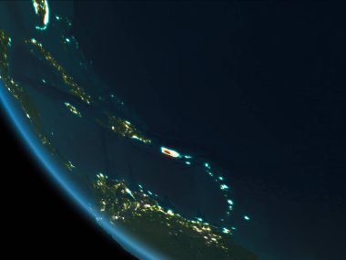 Son derece detaylı yüzey dokuları ile gece Dünya gezegeninin yörüngeden Puerto Rico. 3D çizim. Nasa tarafından döşenmiş bu görüntü unsurları.
