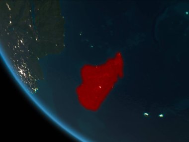 Madagaskar son derece detaylı yüzey dokuları ile gece Dünya gezegeninin yörüngeden. 3D çizim. Nasa tarafından döşenmiş bu görüntü unsurları.