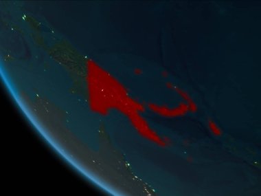 Papua Yeni Gine gezegenin Dünya'ya son derece detaylı yüzey dokuları ile gece yörüngeden. 3D çizim. Nasa tarafından döşenmiş bu görüntü unsurları.