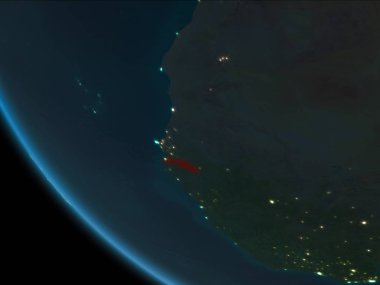 Gambiya son derece detaylı yüzey dokuları ile gece Dünya gezegeninin yörüngeden. 3D çizim. Nasa tarafından döşenmiş bu görüntü unsurları.
