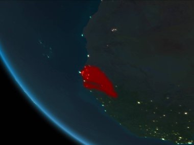 Senegal son derece detaylı yüzey dokuları ile gece Dünya gezegeninin yörüngeden. 3D çizim. Nasa tarafından döşenmiş bu görüntü unsurları.