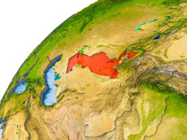 Özbekistan görünür ülke sınırları ve gerçekçi su okyanuslardaki basit dünya üzerinde. 3D çizim. Nasa tarafından döşenmiş bu görüntü unsurları.
