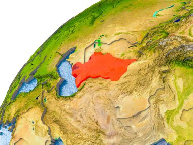 Türkmenistan ile görünür ülke sınırları ve gerçekçi su okyanuslardaki basit dünya üzerinde. 3D çizim. Nasa tarafından döşenmiş bu görüntü unsurları.