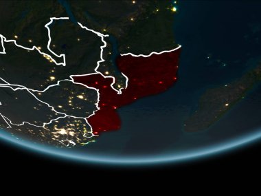 Mozambik görünür Kenarlıklar ve şehir ışıkları ile gece Planet Earth kırmızı vurgulanır. 3D çizim. Nasa tarafından döşenmiş bu görüntü unsurları.