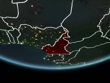 Kamerun görünür Kenarlıklar ve şehir ışıkları ile gece Planet Earth kırmızı vurgulanır. 3D çizim. Nasa tarafından döşenmiş bu görüntü unsurları.