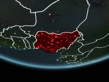 Nijerya görünür Kenarlıklar ve şehir ışıkları ile gece Planet Earth kırmızı vurgulanır. 3D çizim. Nasa tarafından döşenmiş bu görüntü unsurları.