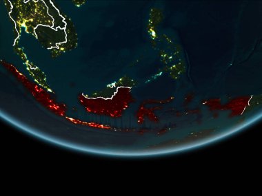 Endonezya görünür Kenarlıklar ve şehir ışıkları ile gece Planet Earth kırmızı vurgulanır. 3D çizim. Nasa tarafından döşenmiş bu görüntü unsurları.