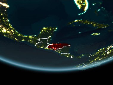 Honduras görünür Kenarlıklar ve şehir ışıkları ile gece Planet Earth kırmızı vurgulanır. 3D çizim. Nasa tarafından döşenmiş bu görüntü unsurları.