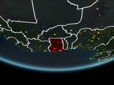 Gana görünür Kenarlıklar ve şehir ışıkları ile gece Planet Earth kırmızı vurgulanır. 3D çizim. Nasa tarafından döşenmiş bu görüntü unsurları.