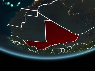 Mali görünür Kenarlıklar ve şehir ışıkları ile gece Planet Earth kırmızı vurgulanır. 3D çizim. Nasa tarafından döşenmiş bu görüntü unsurları.