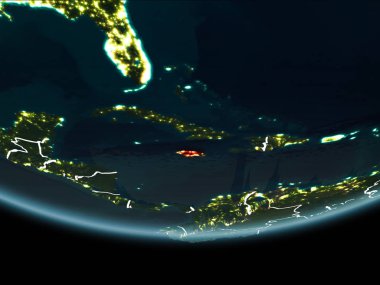 Jamaika görünür Kenarlıklar ve şehir ışıkları ile gece Planet Earth kırmızı vurgulanır. 3D çizim. Nasa tarafından döşenmiş bu görüntü unsurları.