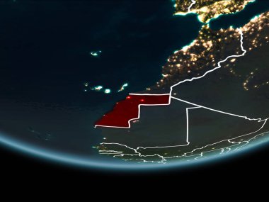 Batı Sahra görünür Kenarlıklar ve şehir ışıkları ile gece Planet Earth kırmızı vurgulanır. 3D çizim. Nasa tarafından döşenmiş bu görüntü unsurları.