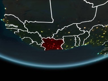 Fildişi Sahili görünür Kenarlıklar ve şehir ışıkları ile gece Planet Earth kırmızı vurgulanır. 3D çizim. Nasa tarafından döşenmiş bu görüntü unsurları.
