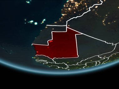 Moritanya görünür Kenarlıklar ve şehir ışıkları ile gece Planet Earth kırmızı vurgulanır. 3D çizim. Nasa tarafından döşenmiş bu görüntü unsurları.