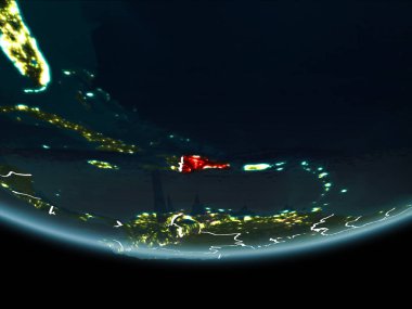 Dominik Cumhuriyeti görünür Kenarlıklar ve şehir ışıkları ile gece Planet Earth kırmızı vurgulanır. 3D çizim. Nasa tarafından döşenmiş bu görüntü unsurları.