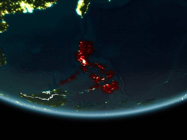 Filipinler görünür Kenarlıklar ve şehir ışıkları ile gece Planet Earth kırmızı vurgulanır. 3D çizim. Nasa tarafından döşenmiş bu görüntü unsurları.