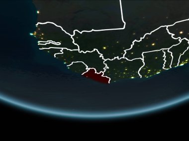 Liberya görünür Kenarlıklar ve şehir ışıkları ile gece Planet Earth kırmızı vurgulanır. 3D çizim. Nasa tarafından döşenmiş bu görüntü unsurları.