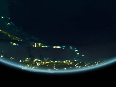 Porto Riko görünür Kenarlıklar ve şehir ışıkları ile gece Planet Earth kırmızı vurgulanır. 3D çizim. Nasa tarafından döşenmiş bu görüntü unsurları.