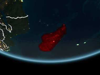 Madagaskar görünür Kenarlıklar ve şehir ışıkları ile gece Planet Earth kırmızı vurgulanır. 3D çizim. Nasa tarafından döşenmiş bu görüntü unsurları.