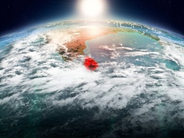 Sunrise yukarıda Sri Lanka modeli görünür ülke sınırları ile uzayda Dünya gezegeninin bir kırmızı vurgulanır. 3D çizim. Nasa tarafından döşenmiş bu görüntü unsurları.