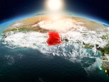 Sunrise modeli görünür ülke sınırları ile uzayda Dünya gezegeninin bir Kırmızı vurgulanır Gana yukarıda. 3D çizim. Nasa tarafından döşenmiş bu görüntü unsurları.
