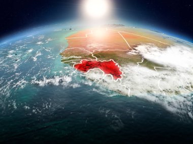 Sunrise modeli görünür ülke sınırları ile uzayda Dünya gezegeninin bir kırmızı vurgulanır Gine yukarıda. 3D çizim. Nasa tarafından döşenmiş bu görüntü unsurları.