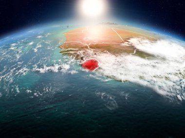 Sunrise yukarıda Sierra Leone modeli görünür ülke sınırları ile uzayda Dünya gezegeninin bir kırmızı vurgulanır. 3D çizim. Nasa tarafından döşenmiş bu görüntü unsurları.