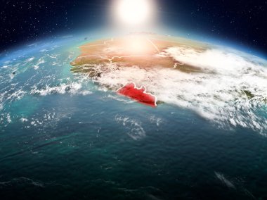 Sunrise modeli görünür ülke sınırları ile uzayda Dünya gezegeninin bir kırmızı vurgulanır Liberya yukarıda. 3D çizim. Nasa tarafından döşenmiş bu görüntü unsurları.