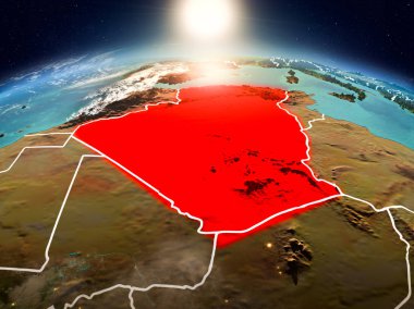 Yukarıda kırmızı modeli görünür ülke sınırları ile uzayda Dünya gezegeninin vurgulanmış Cezayir gündoğumu. 3D çizim. Nasa tarafından döşenmiş bu görüntü unsurları.