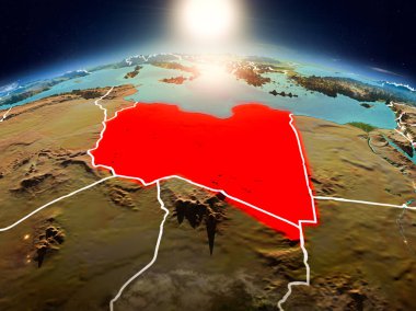 Sunrise modeli görünür ülke sınırları ile uzayda Dünya gezegeninin bir kırmızı vurgulanır Libya yukarıda. 3D çizim. Nasa tarafından döşenmiş bu görüntü unsurları.