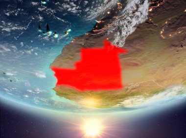 Moritanya red Planet Earth bulutlar ile vurgulanmış gündoğumu sırasında. 3D çizim. Nasa tarafından döşenmiş bu görüntü unsurları.