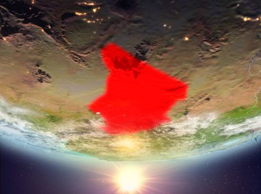 Chad red Planet Earth bulutlar ile vurgulanmış gündoğumu sırasında. 3D çizim. Nasa tarafından döşenmiş bu görüntü unsurları.