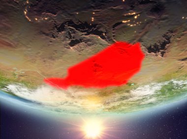 Nijer red Planet Earth bulutlar ile vurgulanmış gündoğumu sırasında. 3D çizim. Nasa tarafından döşenmiş bu görüntü unsurları.