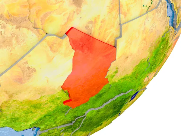 3D render of Chad on political globe with embossed countries with real land surface and water in place of ocean. 3D illustration. Elements of this image furnished by NASA.