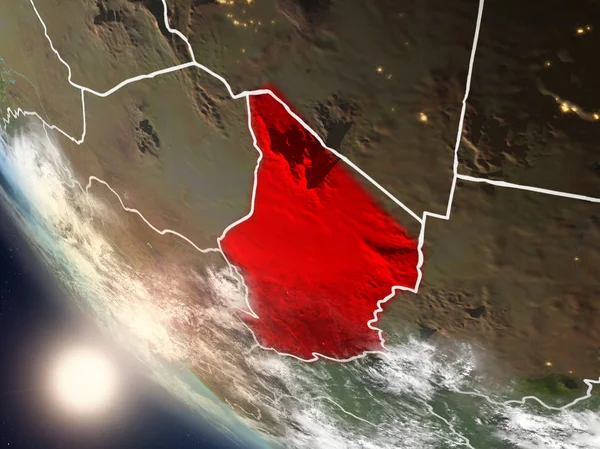 Dünya yörüngesi görünür ülke sınırları ile günbatımı sırasında görülen Chad Illustration. 3D çizim. Nasa tarafından döşenmiş bu görüntü unsurları.