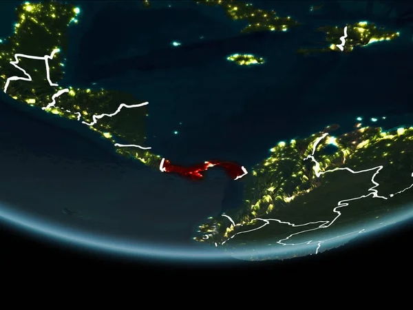Panama highlighted in red on planet Earth at night with visible borders and city lights. 3D illustration. Elements of this image furnished by NASA.