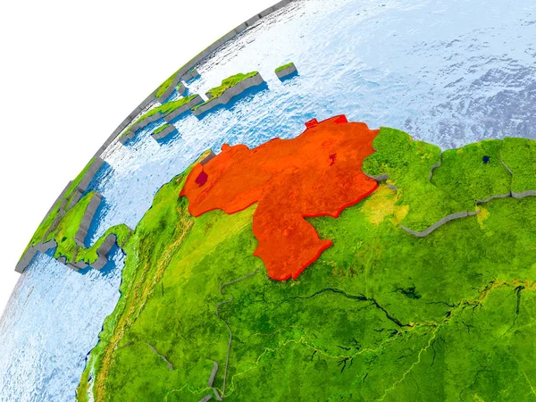 Venezuela on simple globe with visible country borders and realistic water in the oceans. 3D illustration. Elements of this image furnished by NASA.