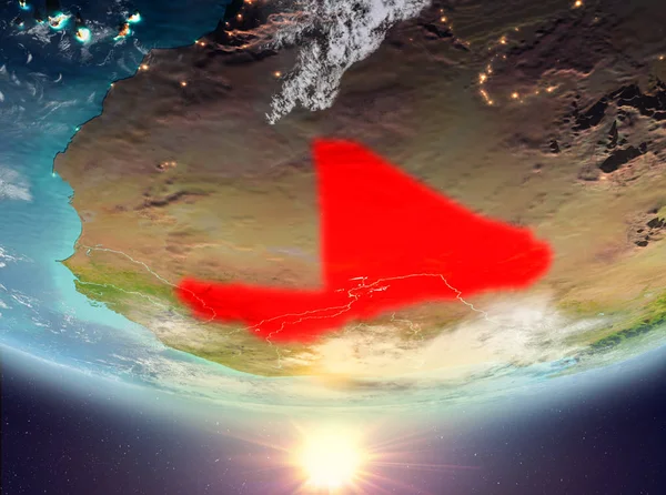 Mali red Planet Earth bulutlar ile vurgulanmış gündoğumu sırasında. 3D çizim. Nasa tarafından döşenmiş bu görüntü unsurları.