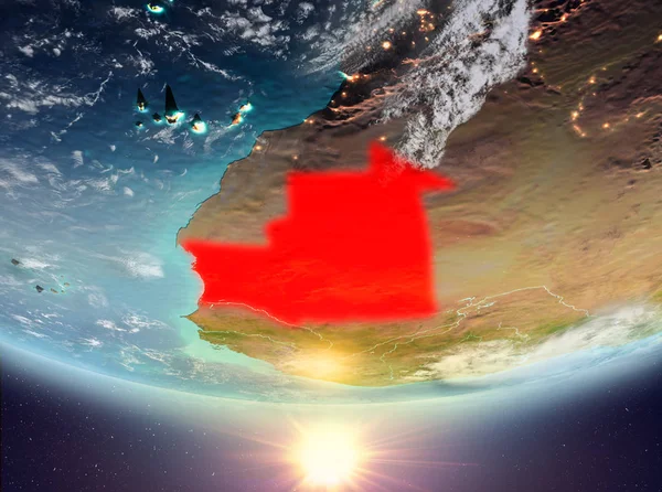 Moritanya red Planet Earth bulutlar ile vurgulanmış gündoğumu sırasında. 3D çizim. Nasa tarafından döşenmiş bu görüntü unsurları.