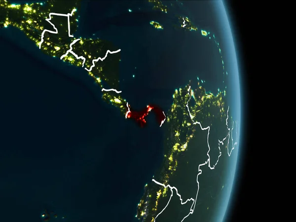 Map of Panama in red as seen from space on planet Earth at night with white borderlines and city lights. 3D illustration. Elements of this image furnished by NASA.