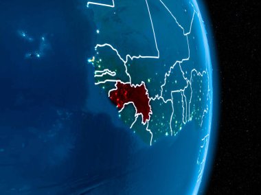 Gine görünür sınır çizgileri ve şehir ışıkları ile gece Dünya gezegeninin yörüngeden. 3D çizim. Nasa tarafından döşenmiş bu görüntü unsurları.